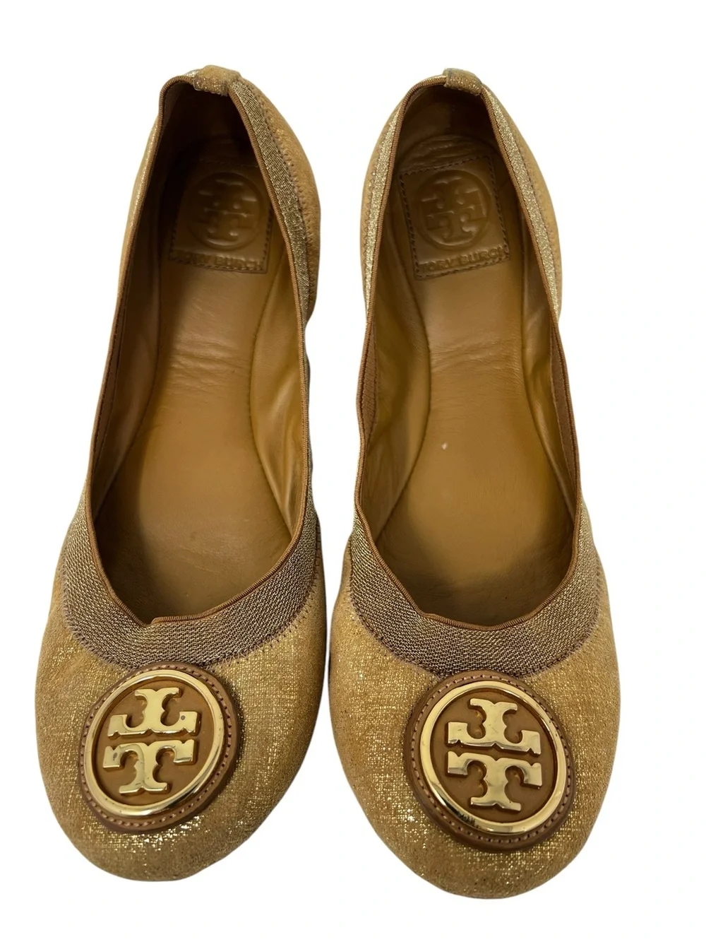 Tory Burch Shimmery Gold Logo Ballet Flats